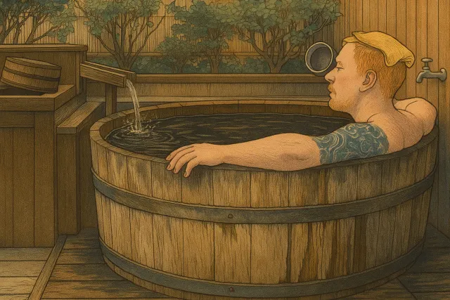 Tattooed tourist enjoying a private bath kashikiri buro at a japanese onsen
